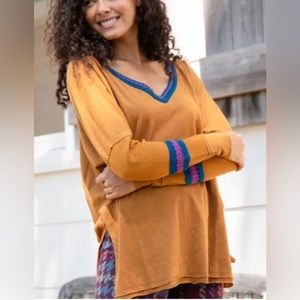 NATURAL LIFE Mustard V-Neck Top with Blue and Purple Accents